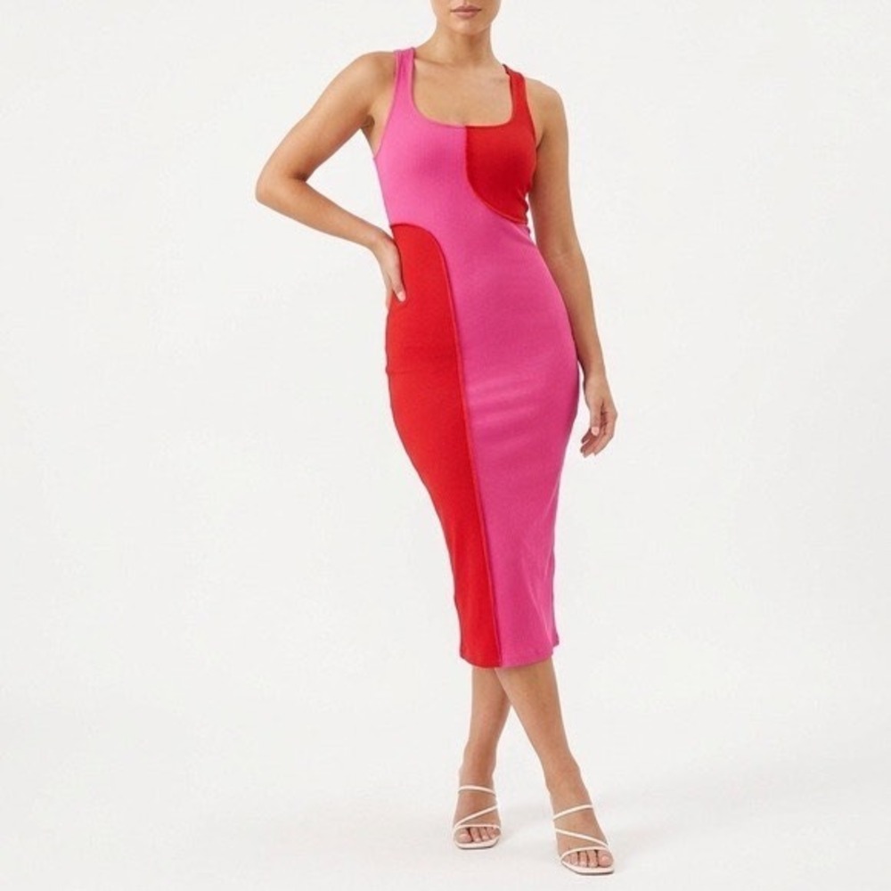 Naked Wardrobe Pink Red Colorblock Ribbed Racerback Midi Dress M